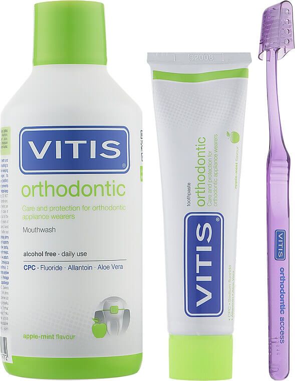Набір Dentaid Vitis Orthodontic (ополіскувач 500 мл, зубна паста 100 мл + щітка у подарунок)